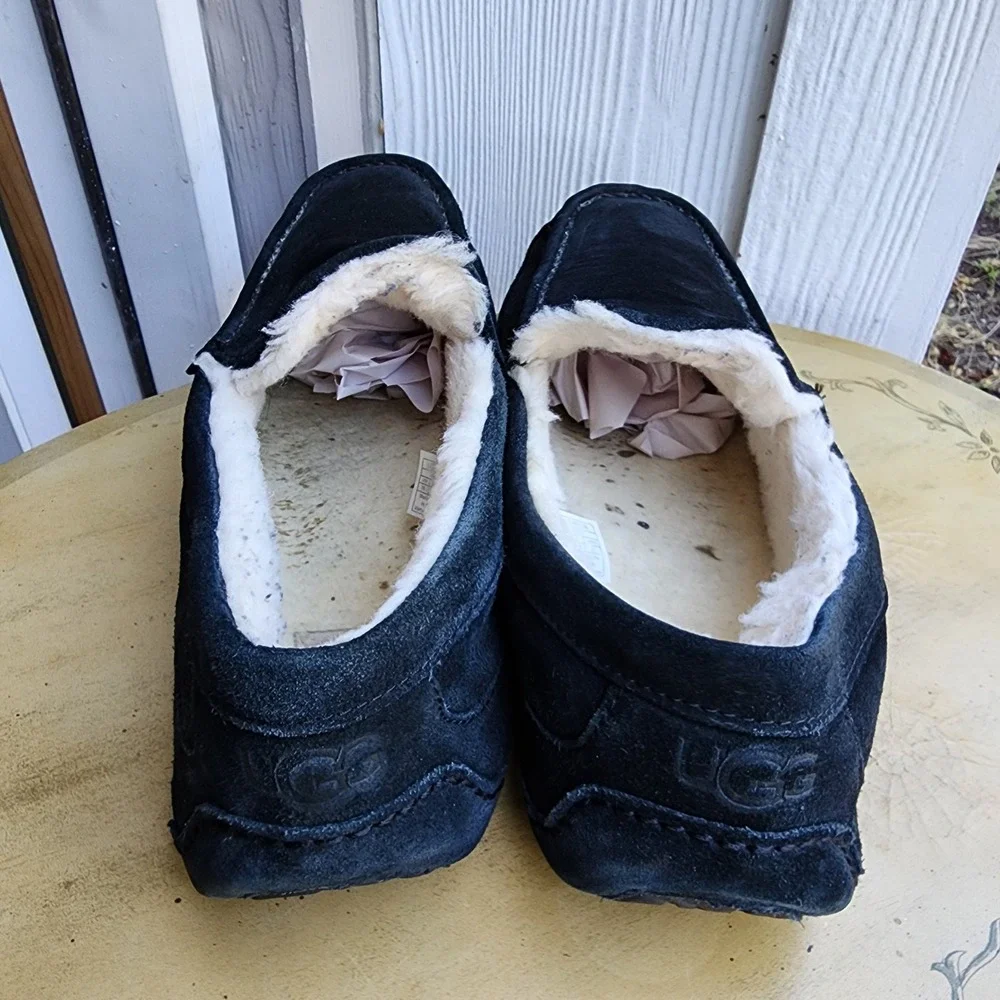 UGG Ascot Suede Slippers Plush Wool Sz 16 Loafers Black Driving Cozy Warm Soft